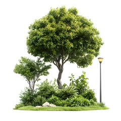 A thriving tree with dense verdant foliage stands amidst a serene garden setting complemented by sleek LED light posts that provide illumination for a tranquil urban environment