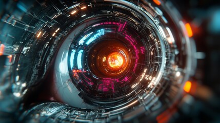3D futuristic eye interface with scaffolding visuals shows a high-tech digital vision system.