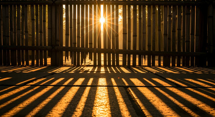Golden Hour Sunlight Streaming Through a Rustic Bamboo Fence