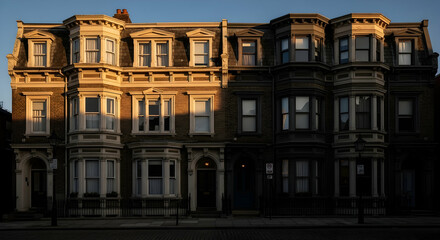Architectural Contrast Golden Hour Light on Classic Residential Buildings