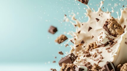 An explosive splash of milk accompanied by chocolate chunks and cookies showcases a delicious moment, representing indulgence and excitement in dessert photography.