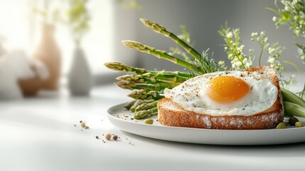 A beautifully presented plate featuring a perfectly fried egg on toast and fresh asparagus, embodying culinary elegance and healthy eating appealing to food lovers.
