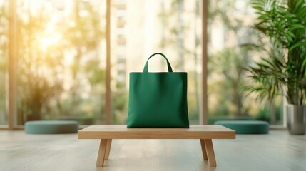 A stylish green bag is beautifully presented on a minimalist wooden table, highlighting its design against a soothing backdrop of greenery and soft natural light.