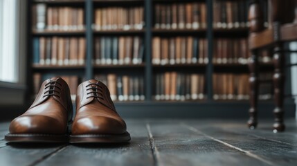 A pair of elegant brown leather shoes are positioned on rustic wooden flooring, representing sophistication and style perfect for formal occasions and discerning tastes.
