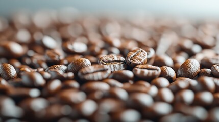 A mesmerizing close-up of rich brown coffee beans showcases their texture and color, emphasizing the allure of fresh coffee and its integral role in daily life and culture.