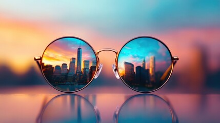 Stylish round sunglasses reflect a vibrant urban cityscape at sunset, illustrating the connection between fashion and modern living in an urban environment.