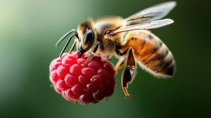 A close-up of a bee meticulously collecting pollen from a vibrant raspberry captures the essence of nature's harmony and the importance of pollinators in the ecosystem.