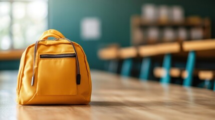 A vivid yellow backpack rests on a wooden table, contrasting with a blurred background, ideal for themes of adventure, travel, and everyday lifestyle imagery.