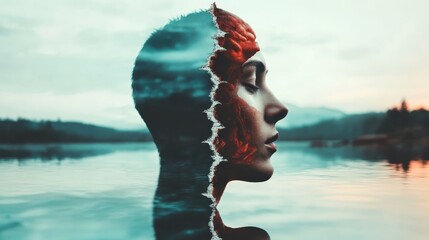 A fascinating double exposure portrait revealing a human profile intertwined with natural landscapes, illustrating a deep connection between humanity and nature.