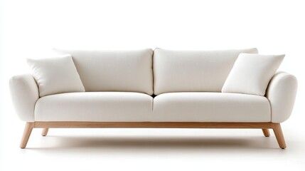 A stylish modern white sofa featuring plush cushions and sleek wooden legs, creating a cozy yet elegant centerpiece for any living space or lounge area.