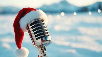 A classic vintage microphone adorned with a festive Santa hat, set against a snowy backdrop, capturing the joyful essence of holiday music and celebration.