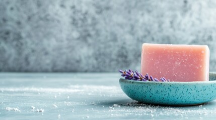 A beautifully crafted lavender soap placed on a blue plate with delicate lavender flowers, showcasing its natural and soothing properties alongside aesthetic appeal.