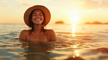 Radiating joy, a woman stands in calm ocean waters during sunset, basking in the warm glow and creating a feeling of bliss and freedom in this beautiful moment.