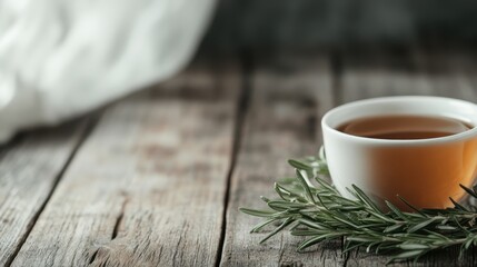 This image features a soothing cup of herbal tea placed on a rustic wooden table, surrounded by fresh herbs, creating a calming and inviting atmosphere for tea lovers.