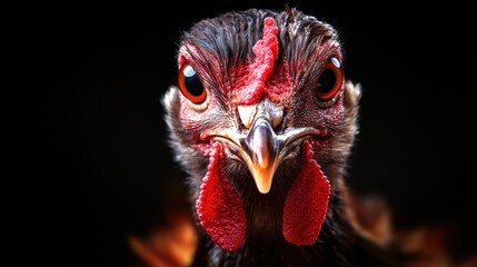 A striking close-up shot of a turkey emphasizes its fierce expression and intricate feather details, capturing the wild essence of this majestic bird against a dark backdrop.
