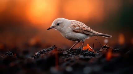 A beautiful bird stands gracefully on the ground, illuminated by the soft glow of a vibrant sunset, capturing a tranquil moment of nature's beauty at dusk.