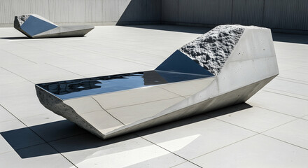 Striking Modern Concrete Benches With Polished Surfaces In Sunny Outdoor Space