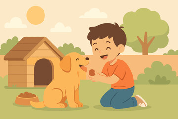Happy Boy Feeding Pet Dog - Child and Canine Friendship Illustration
