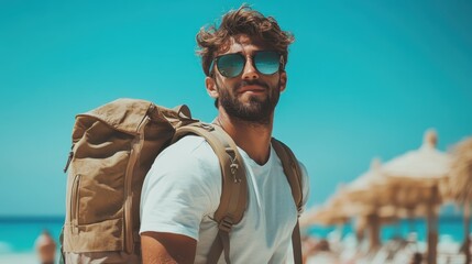 A joyful traveler with a backpack smiles at the beach, capturing the essence of adventure and relaxation against a backdrop of stunning blue waters and clear skies.