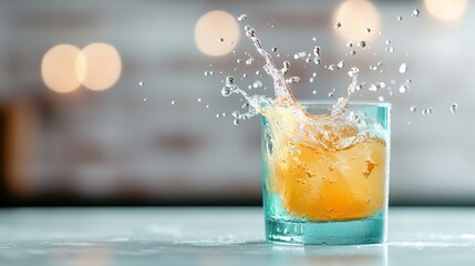 An elegant glass filled with a refreshing drink splashes dramatically, showcasing motion and excitement, ideal for conveying energy and enjoyment in beverage-related visuals.