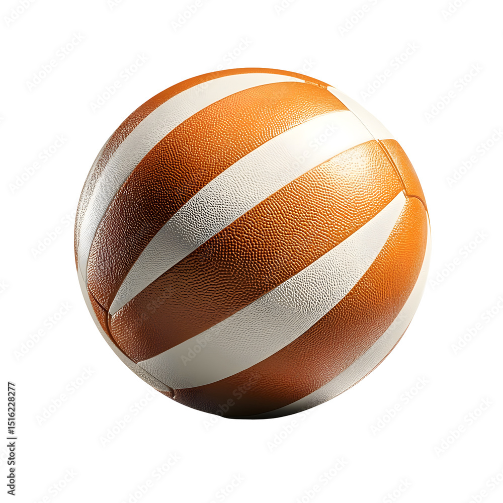Poster a vibrant inflatable beach ball with orange and white striped patterns isolated on a clean white bac