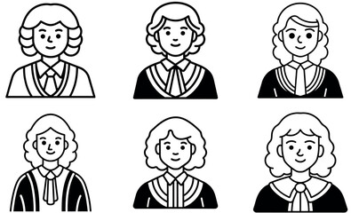 Six female judge icons in black and white.