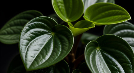Obraz premium Lush Green Pepperomia Leaves Detailed Close Up On Dark Backdrop