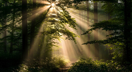 Obraz premium Enchanting Sunlight Filtering Through Dense Woodland Canopy Scene