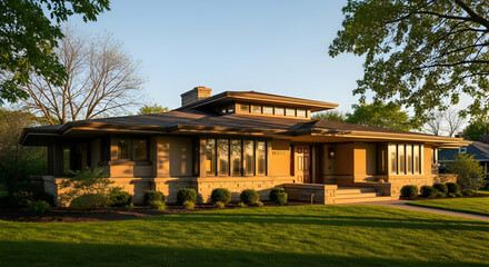 Obraz premium Unique Architectural Style House Surrounded by Lush Greenery in Sunny Day