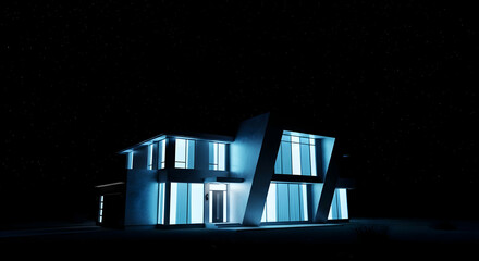 Modern Architecture Illuminated House Exterior Underneath Starry Sky Scene
