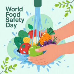 World Food Safety Day: washing hands and fresh vegetables, and fruits. Food Safety Day Poster.