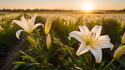 Fototapeta premium White Lily in a Golden Hour Field — perfect for romantic, natural, or botanical visuals.