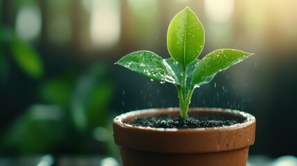 A healthy green plant grows vigorously in a brown pot, adorned with glistening water droplets, symbolizing growth, nurturing, and the beauty of nature's freshness.
