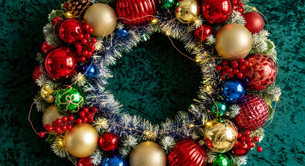 Festive Holiday Wreath Adorned with Ornaments and Sparkling Lights Decoration