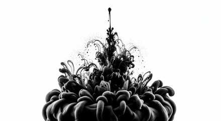 Black Ink Cloud Floating Upward In Clear Fluid With White Background