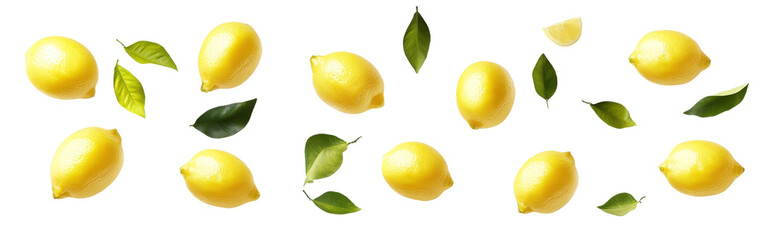 Lemons and Leaves Falling Composition 15 Lemons, 10 Leaves Isolated on Transparent Background, Citrus, Fruit, Food, Lemons, Citrus, Food