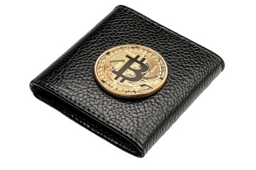 Isolated Black Leather Wallet with Bitcoin