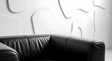 Modern Interior Design Featuring Sleek Black Leather Sofa And Textured White Wall