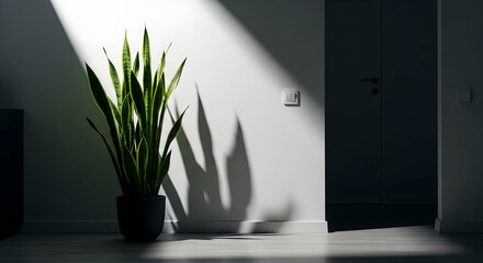Dramatic Interior With Snake Plant And Sunlight Play, Minimalist Design