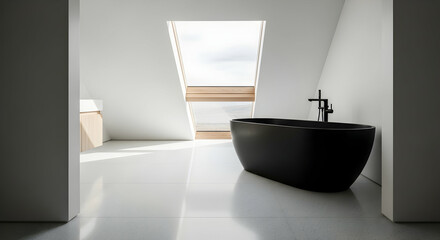 Minimalist Bathroom Featuring Black Bathtub And Skylight In Contemporary Residence