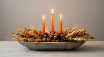 Autumnal Centerpiece With Candles In Wooden Bowl For Thanksgiving Table Decor