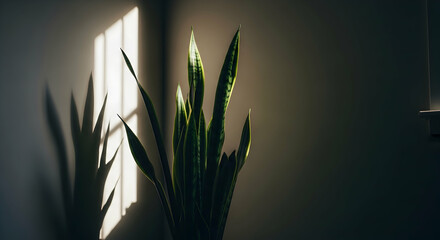 Mother In Law Tongue Plant Bathed In Sunlight With Geometric Shadows