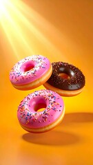 Flying Heart-Shaped Donut with Pink and Chocolate Glaze in Sunlight &ndash; Ultra Realistic Donut Photo on Bright Orange Background