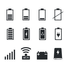 Battery and Power Icon Set. Minimalist icon pack showing full range of battery states: empty, low, medium, full, charging, recyclable, and plugged in.