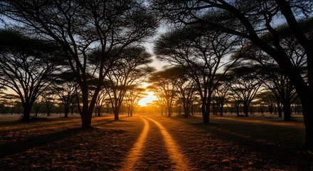 Golden Hour Path Through Serengeti Forest with Silhouetted Trees