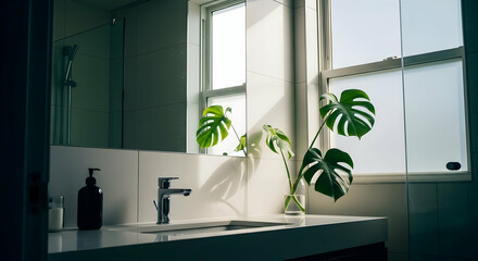 Modern Bathroom Interior With Monstera Plant And Natural Light