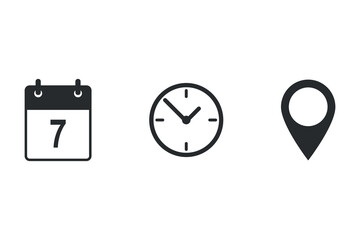 Minimalist icon set featuring calendar, clock, and location pin symbols. Ideal for event planning, RSVP forms, appointments, and booking systems in websites or apps.