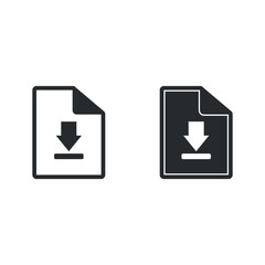 Download File Icons Set – Outline and Solid Design. Minimalist download icons showing documents with arrows in monochrome design. Perfect for UI, websites, and apps.
