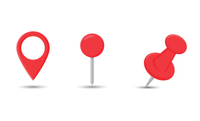 Red Map Pin and Location Marker Icons Set. Set of red map location icons including pin, pushpin, and pointer marker. Isolated on white with shadow.