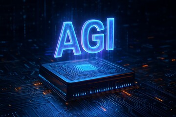 Fototapeta premium Futuristic AGI Microchip – Ultra-Detailed 3D Illustration of Holographic 'AGI' Text Floating Over Glowing Circuitry – Neon Blue/Purple Light Emission on Reflective Surface